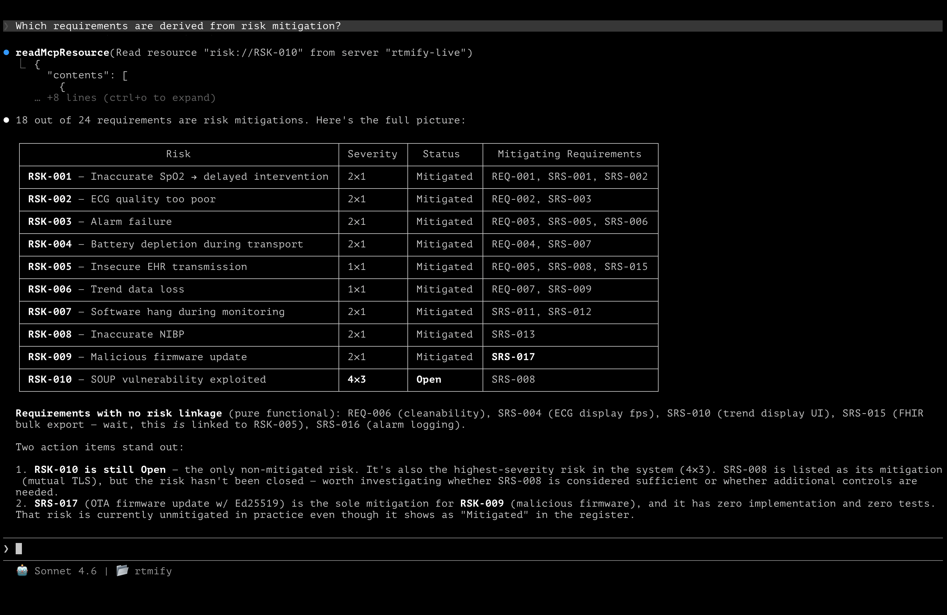 Claude Code showing all 10 risks with severity, status, and mitigating requirements — RSK-010 flagged Open as the only unmitigated risk