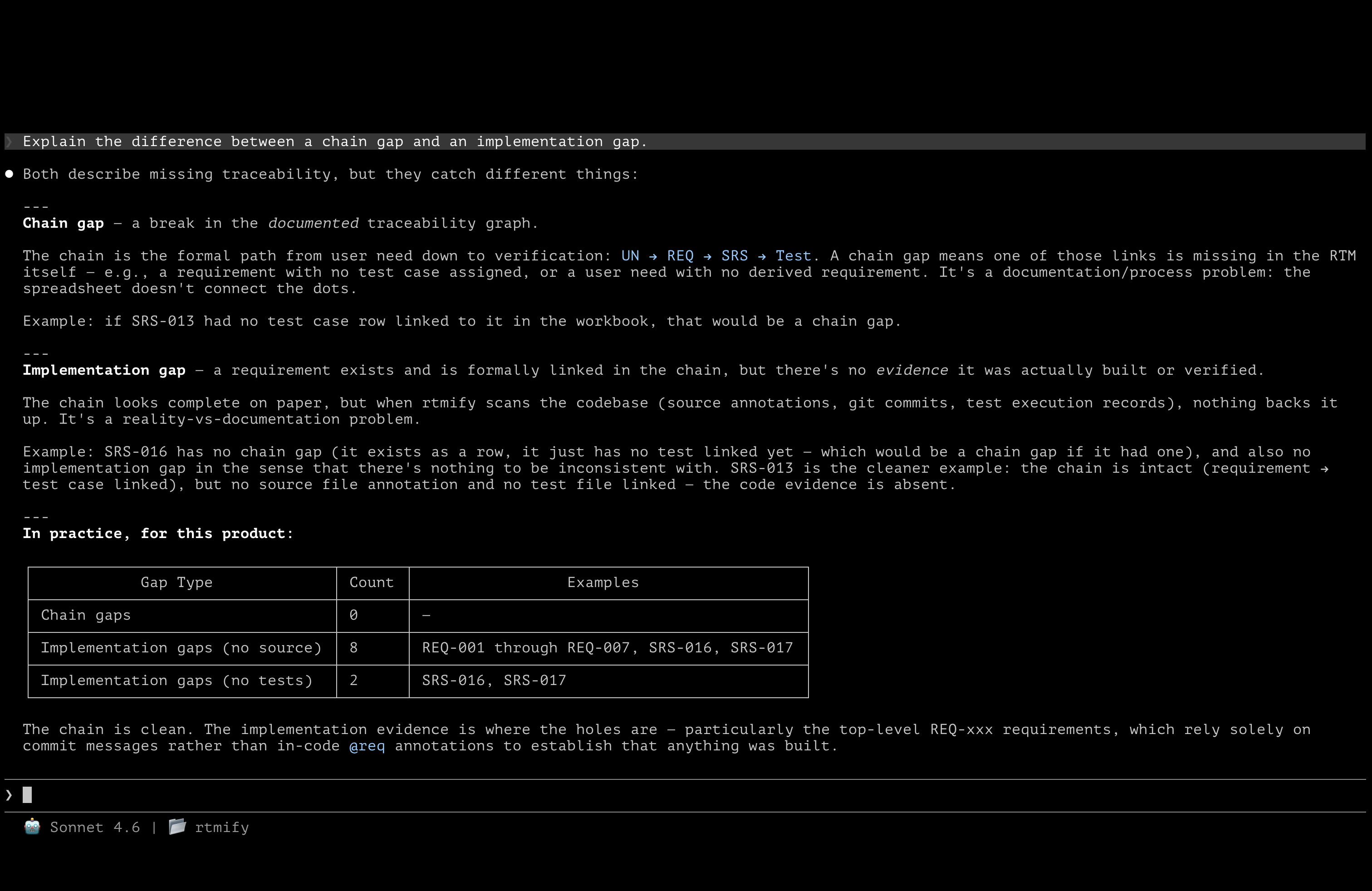 Claude Code explaining chain gaps versus implementation gaps — 0 chain gaps, 8 implementation gaps, with a summary table